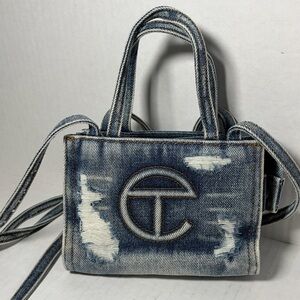 Telfar Small Denim Shopper Distressed Bag Mini Crossbody